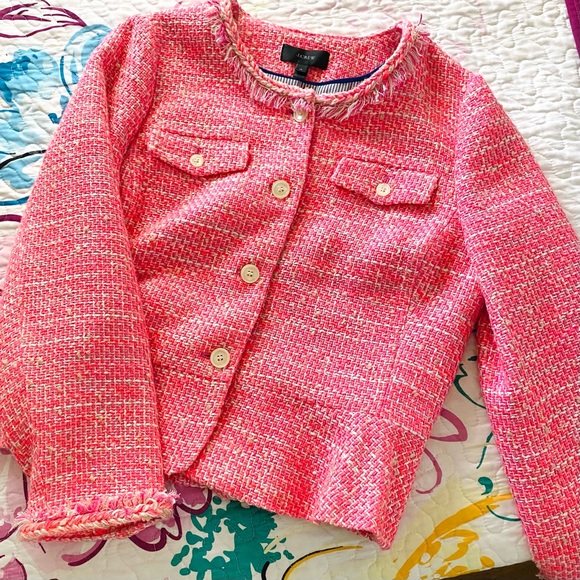 J Crew Peplum Lady Tweed Boucle Jacket Blazer Barbie Pink Fringe Size 14 G1959 - Picture 9 of 16